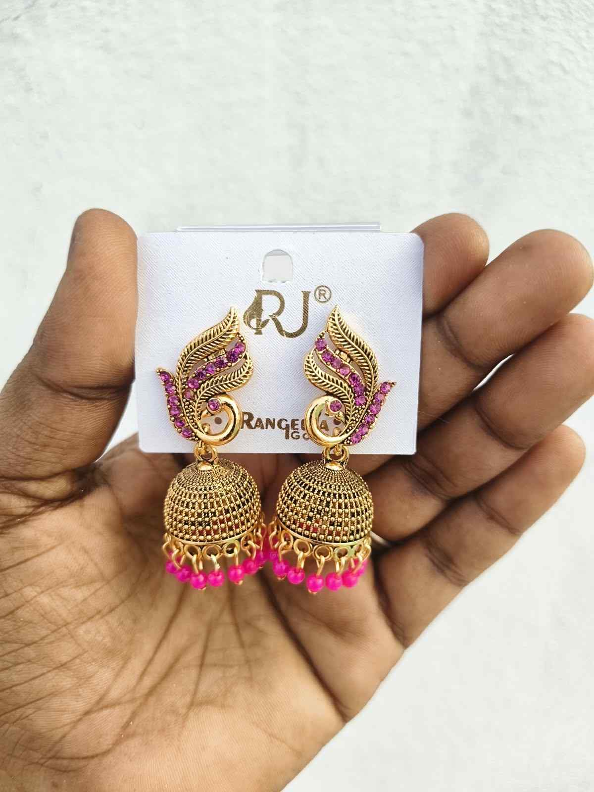  Peacock design jhumka earrings pink